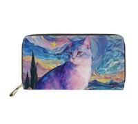 HUGS IDEA Starry Night Cat Womens Wallet PU Leather Ladies Wallets Cute Credit Card Holder for Lady Long Purse with Zipper Women's Wallets for Travelling, Walking, Dating