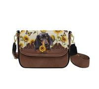 HUGS IDEA Sunflower Dachshund Crossbody Purse for Women Leather Crossbody Bags with Guitar Strap Trendy Shoulder Handbag with Zipper Inner Pocket Travel Wallet