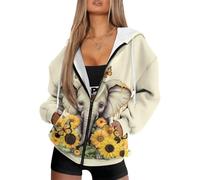 HUGS IDEA Sunflower Elephant Print Womens Zip Up Hoodies Long Sleeve Fall Oversized Sweatshirts Y2K Jacket with Pockets