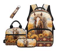 HUGS IDEA Sunflower Horse Girls Backpack with Lunch Box 4 in 1 17 Inch Cute Lightweight School Book Bag Pencil Case Keychain for Elementary Ages 6-8 Daily Travel