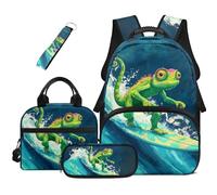 HUGS IDEA Surfing Chameleon Backpack for Kids Boys Bookbag with Lunch Bag Pencil Pouch and Key Chain 4 in 1 School Book Bag Large Capacity Schoolbag for Elementary Kids Travel Daypack