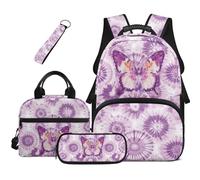 HUGS IDEA Tie-Dye Butterfly Girls Backpack with Lunch Box and Water Bottle 4 Piece Side Water Bottle Pockets School Bag Pencil Case Keychain for Elementary Ages 6-8