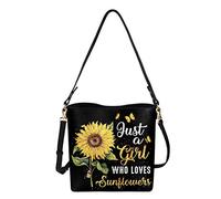 HUGS IDEA Top Handle PU Bucket Bag with Sunflower Butterfly, PU Leather Totes Hobo Bag for Women, Just A Girl Who Loves Sunflower