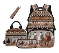 HUGS IDEA Tribal Horse Girls Backpack with Lunch Box and Water Bottle 4 Piece Side Water Bottle Pockets School Bag Pencil Case Keychain for Elementary Ages 6-8