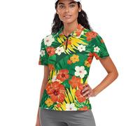 HUGS IDEA Tropical Flowers Golf Shirts for Women 1/4 Zip Up Short Sleeve Tennis Polos T-Shirts Lightweight Moisture Wicking Activewear for Outdoor