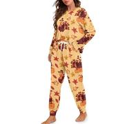 HUGS IDEA Turkey Ladies Pajamas Sets Maple Leaf Loungewear with Pockets Fashion 2 Piece Lounge Set for Women Fall Long Sleeve Sleepwear Soft Nightwear