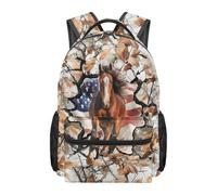 HUGS IDEA USA Horse Rucksack for Boys 17 Inch Lightweight School Bags with Wide Straps Multi-Compartment Daypack for Elementary Students Large Capacity Bookbag for School Hiking