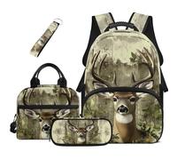 HUGS IDEA Vintage Deer Backpack for Boys 6-8 School Bookbag with Lunch Box & Pencil Case Lightweight Boys Backpacks for Kids Elementary Students Bookbags 17 Inch Kids Schoolbag Set