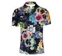 HUGS IDEA Vintage Floral Print Men's Pique Sport Shirt Summer Black Short Sleeves T-Shirt