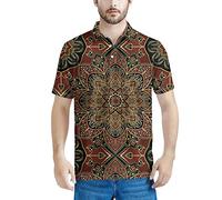 HUGS IDEA Vintage Mandala Bohemia Pattern Tipped Collar Plain Funny Men's Jersey Polor Shirt, Summer Soft Cozy Wear Sport Tee,Hipster Fashion Short Sleeves T-Shirt