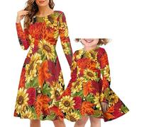 HUGS IDEA Vintage Sunflower Maple Leaf Mom and Me Matching Dress - Casual Long Sleeve Skater Midi Dress