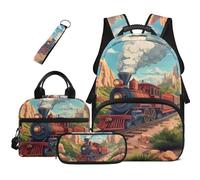 HUGS IDEA Vintage Train Boys Backpack with Lunchbox 4 Pcs 17 Inch Zippered Front Pockets Bookbag Pencil Case Keychain for Elementary Ages 6-8 Back To School