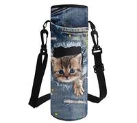 HUGS IDEA Water Bottle Carrier Pouch Holder Shoulder Strap Bottle Cover, Cute Denim Pocket Hamsters Print