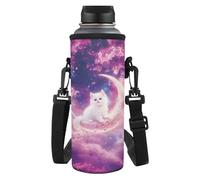 HUGS IDEA White Cat Water Bottle Holders Moon Galaxy Crossbody Waterbottle Sleeve for Travel, Hiking, Fits 1L Bottles, Adjustable Strap Water Bottle Carrier for Women