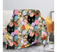 HUGS IDEA Winter Home Blanket with Cartoon Black Cat Flower Cluster, Fleece Fluffy Blankets Throw Cute Cat Broken Flower Pattern, Stress Relief Cozy Soft Blanket-L