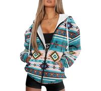 HUGS IDEA Women Casual Full Zip Up Hoodie Aztec Geometric Tribal Navajo Ethnic Print Comfy Loose Sweatshirt Long Sleeve Jacket with Pockets