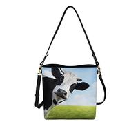 HUGS IDEA Women's Crossbody Satchel with Adorkable Cow, Big Capacity Bucket Bag Hobo Bags Grassland Cow Print with Magnetic Clasp