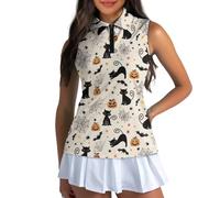 HUGS IDEA Women's Halloween Golf T-Shirts Black Cat Pumpkin Sleeveless V Neck Collarless Tennis Shirts Quick Dry Lightweight