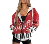 HUGS IDEA Womens Zip Up Christmas Hoodies Piano Keys Music Notes Print Long Sleeve Fall Oversized Sweatshirts Y2K Jacket with Pockets
