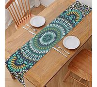 HUGS IDEA Woven Vinyl Table Runner, Mandala Turquoise Trendy & Modern Design Table Runners Modern Farmhouse Party Supplies Minimalist Home Decorative, 12 x 108 inch Table Runner