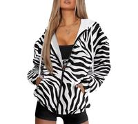 HUGS IDEA Zebra Stripes Print Women's Full Zip Up Hoodie Fall Jacket Oversized Casual Drawstring Hooded Sweatshirts with Pockets