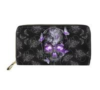HUGS IDEA Zipper Slim Wallet for Women Purple Butterfly Sugar Skull PU Leather Long Wallet Card Holder Clutch Purse