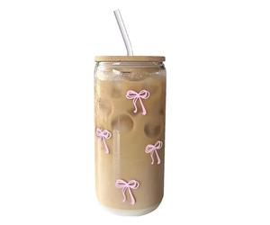 Hugsweet Bow Glass Cups with Lids and Straws - 500ml Leak-Proof Iced Coffee Cup with Pink Stuff, Glass Drinking Cup - Cute Matcha G-Lass Tumbler Elegant Bubble Tea Cups for Coffee, Milk, Cocktail