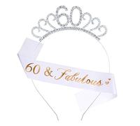 hugttt 60th Birthday Tiara and Sash 60 Fabulous Champagne Glitter Satin Sash and Crystal Tiara Princess Birthday Crown for Women 60th Birthday Party Decoration (60 Years Old)