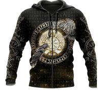 HUHAUST Viking 3D Print Odin Raven Hoodie Pullover, Men's Nordic Mythology Vegvisir Amulet Runes Hooded Coat Casual Unisex Vintage Jacket Clothing,Zipper,L