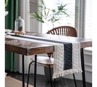 HUHJYUGE Cotton Linen Table Runner, Farmhouse Braided Stripe Table Runner, Hand Woven Table Runner with Tassels, Rustic Dining Room Decor, Handmade Accent, 1 Piece (B 30x275cm)
