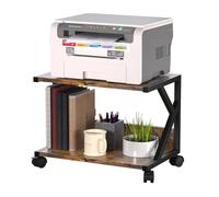 Huhote 2 Tier Desktop Printer Stand, Under Desk Printer Table, Multi-Purpose Desktop Storage and Organize, Wood Printer Stand with Wheels for A5 Folders Scanner Fax Machine Microwave Oven (Brown)