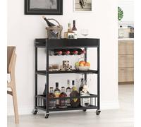 Huhote 3-Tier Bar Cart with Wine Rack & Handle Serving Trolley Serving Cart in Black Huhote Black