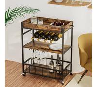 Huhote 3-Tier Bar Cart with Wine Rack & Handle Serving Trolley Serving Cart in Brown Huhote Brown