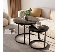 Huhote Black Frame Wood Marble Finish Nesting Table Round Coffee End Side Table 2Pcs Huhote Black