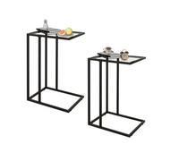 Huhote Black Glass C Shaped End Side Table Set Of 2 With Metal Frame For Couch Sofa Living Room Bedroom