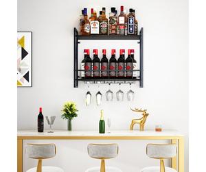 Huhote Black Rustic Iron And Wood 2 Tier Wall Mounted Wine Glass Rack Holder Kitchen Bar 60X20X35 Cm