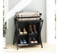 Huhote Black Two Tier Metal Folding Luggage Rack With Storage And Shoe Rack Portable Suitcase Stand For Home Bedroom