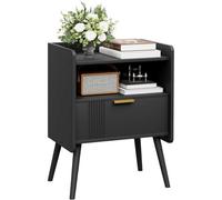 Huhote Black Wooden Two Drawer Bedside Nightstand Cabinet With Two Tier Storage And Wooden Legs 16.3X11.8X22.8 Inches
