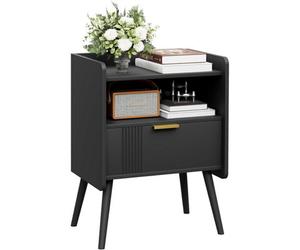 Huhote Black Wooden Two Drawer Bedside Nightstand Cabinet With Two Tier Storage And Wooden Legs 16.3X11.8X22.8 Inches