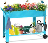 Huhote Blue Elevated Metal Rectangle Raised Garden Bed Planter Box With Legs Storage Shelf And 101X28X80 Cm