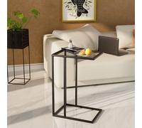 Huhote C-Shaped Tempered Glass End Table with Metal Frame Black Side Table Huhote Black