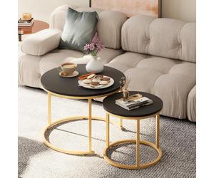 Huhote Elegant Round Nesting Coffee Tables Set Of 2 With Metal Frame Black Top 23.6 15.7 Inch For Living Room Bedroom Balcony