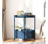 Huhote Fabric 2 Tier Round End Side Table With Storage Basket Nightstand in Blue Huhote Blue