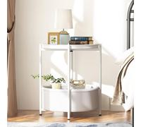 Huhote Fabric 2 Tier Round End Side Table With Storage Basket Nightstand in White Huhote White