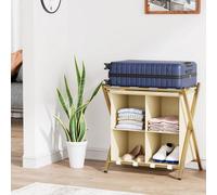 Huhote Gold Two Tier Metal Folding Luggage Rack With Storage And Shoe Rack Portable Suitcase Stand For Home Bedroom