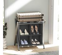 Huhote Grey Two Tier Metal Folding Luggage Rack With Storage And Shoe Rack Portable Suitcase Stand For Home Bedroom