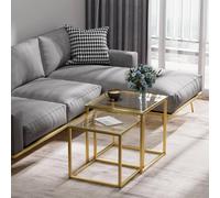 Huhote Metal Frame Glass Top Nesting Side End Table 2 Set Coffee Table in Gold Huhote Gold