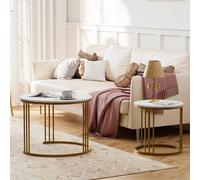 Huhote Metal Frame Marble Finish Top Round Nesting Side End Table 2 Set Coffee Table in Gold Huhote Gold