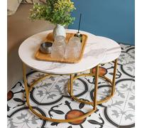 Huhote Metal Frame White Wood Marble Finish Top Round Nesting Side End Table 2 Set in Gold Huhote Gold