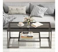 Huhote Modern 2 Tier Coffee Table Grey Glass With Black Metal Frame 39.3 X 18.8 X 17.7 In For Living Room Bedroom Office